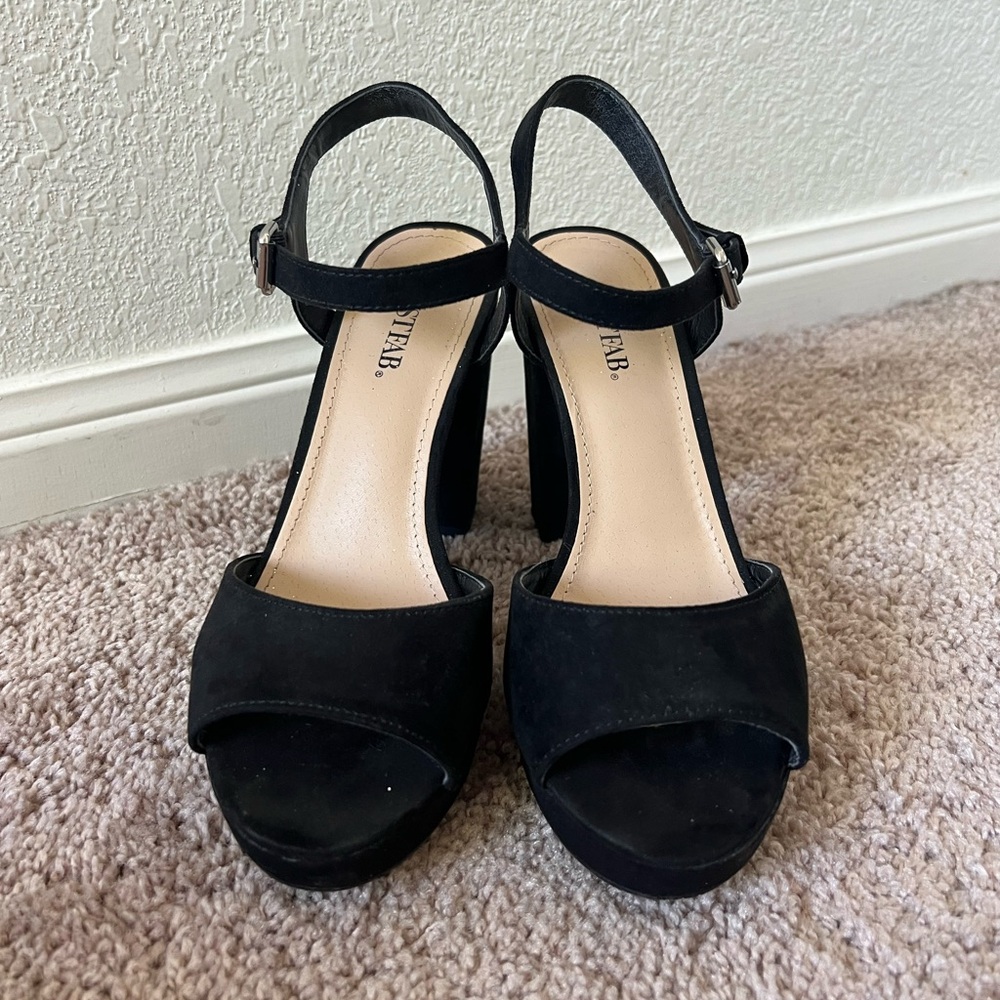 JustFab Black Suede Platform Ankle-Strap Heels